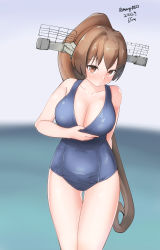 Rule 34 | 1girl, absurdres, breasts, brown hair, cleavage, dated, embarrassed, gluteal fold, hair between eyes, hair ornament, headgear, highres, kantai collection, large breasts, long hair, looking at viewer, maru (marg0613), outdoors, ponytail, school swimsuit, solo, swimsuit, twitter username, water, yamato (kancolle)