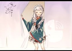 Rule 34 | 1girl, :d, ^ ^, absurdres, apron, blue kimono, braid, closed eyes, elf, elu (6th costume) (nijisanji), elu (nijisanji), facing viewer, flower, frilled apron, frills, grey hair, hair flower, hair ornament, hair over shoulder, highres, japanese clothes, kimono, letterboxed, long hair, long sleeves, maid, maid apron, maid headdress, nijisanji, ogura tubuan, open mouth, pink flower, pointy ears, signature, single braid, sleeves past fingers, sleeves past wrists, smile, solo, virtual youtuber, wa maid, white apron, wide sleeves