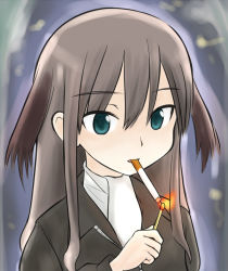 Rule 34 | 00s, 1girl, animal ears, blue eyes, brown hair, cigarette, ebi (ebifry), elizabeth f. beurling, matches, solo, strike witches, world witches series