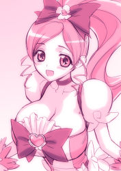 Rule 34 | 10s, 1girl, :d, blush, bow, bowtie, breasts, brooch, bursting breasts, choker, cleavage, cure blossom, dress, hair bow, hanasaki tsubomi, heart, heart brooch, heartcatch precure!, high ponytail, huge breasts, jewelry, large bow, long hair, magaki ryouta, magical girl, monochrome, open mouth, parted bangs, pink bow, pink theme, ponytail, precure, ribbon, smile, solo