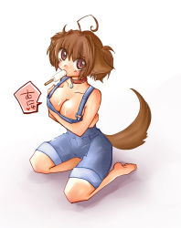 Rule 34 | 1girl, ahoge, animal ears, barefoot, breasts, brown hair, cleavage, collar, dog tail, food, hioki akane, large breasts, naked overalls, original, overalls, popsicle, red eyes, short hair, solo, tail