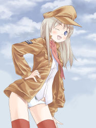 Rule 34 | 00s, 1girl, blue eyes, blush, female focus, hat, one eye closed, outdoors, panties, scarf, silver hair, sky, solo, strike witches, strike witches: katayoku no majo-tachi, takano natsuki, thighhighs, underwear, wilma bishop, wink, world witches series