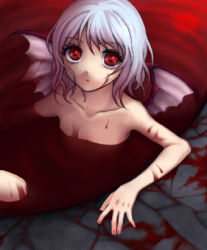 Rule 34 | 1girl, bath, bath of blood, blood, blue hair, completely nude, female focus, lowres, nude, red eyes, remilia scarlet, solo, touhou, wings, yu (lovepayon)
