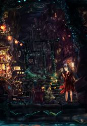 Rule 34 | 1girl, absurdres, black hair, blue eyes, blurry, bug, rabbit, bush, butterfly, candle, cart, city, cloud, cloudy sky, commentary, dark, depth of field, fantasy, grass, hakama, hakama skirt, highres, insect, japanese clothes, lantern, lily pad, long hair, mask, mask on head, night, original, paper lantern, rene, scenery, shrine, sign, skirt, sky, smile, stairs, stick, torii, twintails, water, water wheel