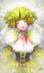 Rule 34 | 1girl, bad id, bad pixiv id, blunt bangs, bow, choker, closed eyes, clover, clover (flower), corset, danhu, eyelashes, flower, four-leaf clover, green bow, green hair, green theme, hair flower, hair ornament, highres, horns, original, personification, petals, pink ribbon, ribbon, short hair, signature, single horn, solo, upper body