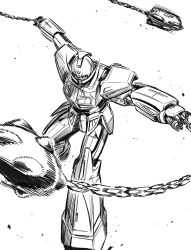 Rule 34 | ball and chain (weapon), chain, dual wielding, facial hair, greyscale, gundam, highres, holding, holding weapon, ishiyumi, mecha, monochrome, motion blur, mustache, no humans, robot, solo, spiked ball and chain, turn a gundam, turn a gundam (mobile suit), weapon, white background