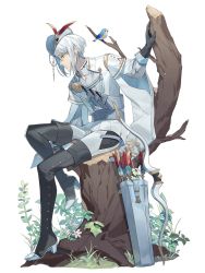 Rule 34 | 1boy, arm support, arrow (projectile), bell, belt, bird, black footwear, black gloves, blouse, blue belt, blue eyes, boots, bow (weapon), buttons, cape, closed mouth, coat, unworn coat, coattails, earrings, expressionless, flower, food fantasy, from side, full body, glasses, gloves, grass, hat, hat chain, hat feather, high heel boots, high heels, highres, holster, holstered, jewelry, knee up, knife, looking afar, male focus, muenchner weisswurst (food fantasy), official art, pants, quiver, shirt, short hair with long locks, shoulder belt, sitting, solo, tassel, thigh boots, thighhighs, third-party source, transparent background, tree stump, weapon, white cape, white flower, white hair, white pants, white shirt