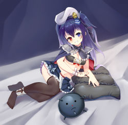 Rule 34 | 1girl, azur lane, bed, beret, black hair, black thighhighs, bomb, breasts, capelet, chain, cleavage, commentary request, em (naval mine), explosive, frown, full body, grin, hat, heterochromia, highres, long hair, looking at viewer, medium breasts, mine (weapon), naval mine, navel, necktie, no, parasite aircraft, pillow, seaplane, shoes, simple background, smile, solo, the hermit, thighhighs, z36 (azur lane)