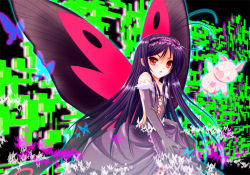Rule 34 | 10s, 1boy, 1girl, accel world, antenna hair, arita haruyuki, bare shoulders, black hair, bug, butterfly, butterfly wings, dress, elbow gloves, gloves, insect, insect wings, kuroyukihime, long hair, nonochie, pig, red eyes, wings