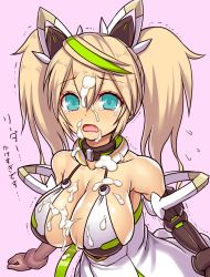 Rule 34 | 1girl, aqua eyes, asamura hiori, bare shoulders, blonde hair, blush, breasts, cleavage, elbow gloves, fang, gene (pso2), gloves, green hair, hair between eyes, highres, large breasts, long hair, looking at viewer, multicolored hair, open mouth, phantasy star, phantasy star online 2, solo, suggestive fluid, tears, translation request, trembling, twintails