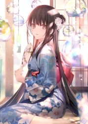 Rule 34 | 1girl, barefoot, black eyes, black hair, blurry, blurry foreground, blush, bokeh, breasts, commentary request, day, depth of field, floral print, flower, full body, hair bun, hair flower, hair ornament, hand fan, hand up, highres, holding, holding fan, indoors, japanese clothes, kimono, long hair, looking at viewer, looking to the side, mashima saki (mashimasa), original, paper fan, parted lips, single hair bun, sitting, small breasts, solo, sunlight, very long hair, wariza, white flower, wide sleeves, wind chime, yukata