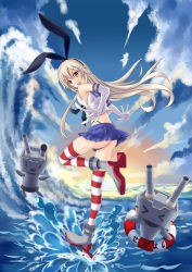 Rule 34 | 10s, 1girl, 5plus, ass, blonde hair, elbow gloves, gloves, highres, kantai collection, miniskirt, shimakaze (kancolle), skirt, striped clothes, striped thighhighs, thighhighs