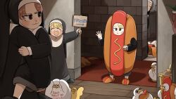 Rule 34 | 5girls, :d, aged down, bird, blonde hair, body writing, brown eyes, brown hair, bucket, chicken, closed eyes, clumsy nun (diva), commentary, diva (hyxpk), duck, english commentary, habit, highres, holding, holding sign, holding whistle, hot dog costume, hungry nun (diva), little nuns (diva), multiple girls, nun, open mouth, sign, smile, spicy nun (diva), star nun (diva), star ornament, traditional nun, trowel, typo, whistle, yellow eyes