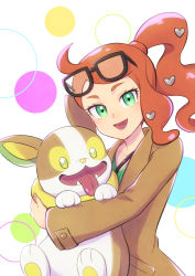 Rule 34 | 1girl, :d, absurdres, brown coat, buttons, coat, commentary request, creatures (company), eyewear on head, game freak, gen 8 pokemon, green eyes, green shirt, hair ornament, heart, heart hair ornament, highres, long hair, looking at viewer, nintendo, open mouth, orange hair, pokemon, pokemon (creature), pokemon swsh, ribbed shirt, shirt, side ponytail, smile, sonia (pokemon), sunglasses, tongue, upper body, yamper, yoi (207342)