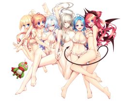 Rule 34 | 6+girls, :d, ;), ass, barefoot, bat wings, bikini, blonde hair, blue eyes, blue hair, blush, braid, breasts, brown bikini, brown hair, cleavage, cleavage cutout, clothing cutout, demon girl, demon tail, feet, frog, full body, giuniu, holding hands, hand on another&#039;s stomach, highres, horns, large breasts, long hair, morrigan rufei, multiple girls, navel, one eye closed, open mouth, purple eyes, red eyes, red hair, sidelocks, silver hair, slingshot swimsuit, slit pupils, smile, swimsuit, tail, transparent background, twin braids, uchi no hime-sama ga ichiban kawaii, wavy hair, wings