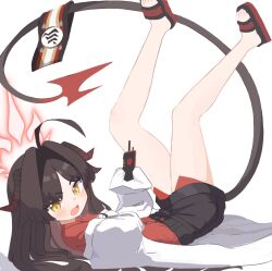 Rule 34 | 1girl, ahoge, anma21, armband, black hair, blue archive, blush, coat, demon girl, demon horns, demon tail, detonator, drill hair, halo, highres, horns, huge ahoge, kasumi (blue archive), legs, legs up, long hair, long sleeves, lying, on back, open clothes, open coat, open mouth, red shirt, sandals, shirt, short shorts, shorts, simple background, solo, tail, white background, white coat, yellow eyes