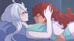 Rule 34 | 2girls, anime coloring, blush, closed eyes, closed mouth, couple, dark, gundam, gundam suisei no majo, half-closed eyes, hand on another&#039;s head, highres, lying, lying on person, mesmarique, miorine rembran, multiple girls, night, on back, on bed, pillow, red hair, sleeping, smile, suletta mercury, white hair, yuri, zzz