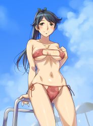 Rule 34 | 10s, 1girl, anchor print, arm support, bare arms, bare legs, bare shoulders, beach umbrella, bikini, black eyes, black hair, blush, body blush, breasts, breasts apart, clenched hand, closed mouth, collarbone, covered erect nipples, crescent, crescent necklace, day, female focus, from below, gluteal fold, groin, houshou (kancolle), jewelry, kantai collection, legs, long hair, looking at viewer, medium breasts, navel, neck, necklace, outdoors, pink bikini, ponytail, railing, red bikini, sameha ikuya, shiny skin, side-tie bikini bottom, sky, smile, solo, standing, strapless, strapless bikini, swept bangs, swimsuit, umbrella, underboob