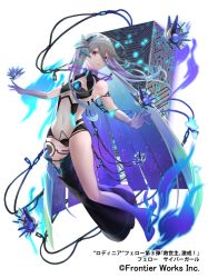 Rule 34 | 1girl, asymmetrical footwear, asymmetrical legwear, aura, cable, character request, commentary request, copyright request, covered navel, elbow gloves, full body, gakuon (gakuto), gloves, grey gloves, grey hair, high heels, leotard, long hair, mecha musume, official art, parted lips, red eyes, very long hair, white background