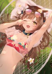 Rule 34 | 1girl, absurdres, animal ears, arm up, armpits, bow, breasts, cat ears, collar, collarbone, earrings, eyewear on head, fang, fingernails, flower, hair ornament, highres, jewelry, long hair, looking at viewer, lying, medium breasts, nail polish, navel, omelet tomato, on back, one eye closed, open mouth, original, scan, simple background, solo, stomach, sunglasses, upper body, yawning