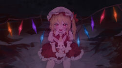 Rule 34 | 1girl, :d, absurdres, ascot, blonde hair, blood, blood on clothes, blood on face, blood on ground, blood on hands, blush, commentary, cowboy shot, crystal, fangs, flandre scarlet, hair between eyes, hat, highres, holding own arm, hugging object, indoors, ksagi, long hair, looking at viewer, looking up, mob cap, one side up, open mouth, puffy short sleeves, puffy sleeves, red eyes, red skirt, red vest, shirt, short sleeves, sitting, skirt, skirt set, smile, solo, stuffed animal, stuffed rabbit, stuffed toy, teeth, tongue, touhou, upper teeth only, vest, white hat, white shirt, wings, yellow ascot