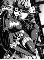Rule 34 | 2girls, animification, ass, batgirl, batman (series), belt, belt skirt, breasts, catwoman, chiba toshirou, dc comics, greyscale, impossible clothes, large breasts, mask, monochrome, multiple girls, smile, stephanie brown, utility belt