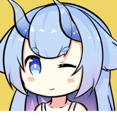 Rule 34 | 1girl, ;), azur lane, bare shoulders, blue eyes, blue hair, blush, closed mouth, collarbone, commentary request, horns, i-13 (azur lane), long hair, looking at viewer, nagato-chan, one eye closed, portrait, short eyebrows, sidelocks, simple background, smile, solo, thick eyebrows, transparent, translucent horns, yellow background