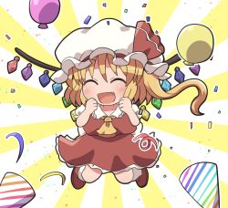 Rule 34 | 1girl, :d, ascot, balloon, blonde hair, brown footwear, confetti, crystal, fang, flandre scarlet, full body, hat, mob cap, multicolored background, one side up, open mouth, red shirt, red skirt, rokugou daisuke, shirt, skirt, smile, socks, solo, touhou, white hat, white socks, wings, yellow ascot