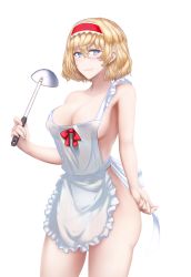 Rule 34 | 1girl, alice margatroid, apron, bad id, bad nicoseiga id, bare arms, bare shoulders, blonde hair, blue eyes, blush, breasts, cleavage, commentary request, cowboy shot, frilled apron, frilled hairband, frills, hair between eyes, hairband, holding, ladle, large breasts, lolita hairband, looking at viewer, naked apron, red hairband, red ribbon, ribbon, short hair, simple background, smile, solo, standing, thighs, tk31, touhou, transparent background, white apron, white background