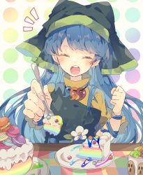 Rule 34 | 1girl, ^ ^, apron, arm ribbon, blue hair, blue ribbon, blush, cake, cake slice, clenched hand, closed eyes, commentary, dress, flower, food, fork, green apron, green headwear, hands up, haniwa (statue), haniyasushin keiki, happy, head scarf, highres, holding, holding fork, incoming food, jewelry, long hair, macaron, magatama, magatama necklace, necklace, nikorashi-ka, notice lines, open mouth, outstretched arm, plate, polka dot, polka dot background, pov, rainbow gradient, rainbow order, ribbon, swept bangs, table, teeth, touhou, turtleneck, upper body, upper teeth only, white flower, yellow dress