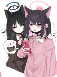 2girls :d alternate_costume animal_ears black_choker black_eyes black_nails blue_archive blue_halo blunt_bangs blunt_ends blush bright_pupils brown_cardigan cardigan cat_ears cat_girl cellphone choker closed_mouth collared_shirt colored_inner_hair commentary_request extra_ears gyaru hair_ornament hairclip halo hand_up happy holding holding_phone kazusa_(blue_archive) kikyou_(blue_archive) mask mask_pull medium_hair mouth_mask multicolored_hair multiple_girls musical_note nail_polish negu_(pixiv_6519140) open_mouth phone pink_cardigan pink_hair pink_halo red_eyes shirt sleeves_past_wrists smartphone smile speech_bubble split_mouth spoken_musical_note straight_hair upper_body white_pupils white_shirt