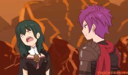 Rule 34 | 1boy, 1girl, armor, blue eyes, blue hair, breasts, byleth (female) (fire emblem), byleth (fire emblem), charlotte (anime), cleavage, closed mouth, fire emblem, fire emblem: three houses, fire emblem warriors, fire emblem warriors: three hopes, hair ornament, hair over one eye, highres, kimerson, long hair, long sleeves, medium hair, meme, nintendo, open mouth, purple eyes, purple hair, shez (fire emblem), shez (male) (fire emblem), short hair, simple background, small breasts