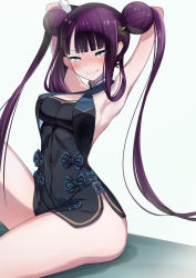 Rule 34 | 1girl, arm warmers, armpits, arms up, bare hips, black dress, blue eyes, blunt bangs, blush, breasts, china dress, chinese clothes, cleavage cutout, closed mouth, clothing cutout, cluseller, collarbone, covered navel, double bun, dress, fate/grand order, fate (series), female focus, fur collar, grey background, hair bun, hair ornament, hair rings, half-closed eyes, happy, highres, leaf hair ornament, leg up, long hair, looking at viewer, medium breasts, nose blush, purple hair, side slit, sideboob, simple background, sitting, sleeveless, sleeveless dress, smile, solo, thick thighs, thighs, twintails, very long hair, yang guifei (fate), yang guifei (first ascension) (fate)