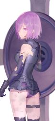 Rule 34 | 1girl, ass, black gloves, blood, blood on face, blush scarlet, broken, bruise, bruise on face, elbow gloves, fate/grand order, fate (series), gloves, hair over one eye, holding, holding shield, injury, leotard, looking at viewer, looking back, mash kyrielight, purple eyes, purple hair, purple leotard, shield, shiny skin, short hair, simple background, solo, thigh strap, torn clothes, torn gloves, white background