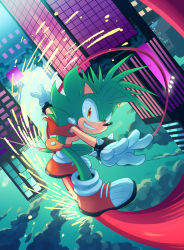 Rule 34 | 1boy, animal nose, city, cloud, commission, drawloverlala, full body, gloves, green fur, hedgehog ears, hedgehog tail, highres, jacket, male focus, manic the hedgehog, medallion, quill, railing, red footwear, sleeveless, smile, solo, sonic (series), sonic underground, sparks, spiked gloves, spiked hair, teeth, upside-down, white gloves, yellow eyes