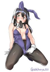 Rule 34 | 1girl, animal ear hairband, animal ears, arm support, artist name, black hair, black pantyhose, blush, breasts, cleavage, crotch seam, detached collar, ebifurya, fake animal ears, full body, gloves, gluteal fold, grey eyes, hair ornament, hairband, hairclip, highres, kantai collection, leotard, long hair, mouth hold, navel, necktie, oyashio (kancolle), pantyhose, playboy bunny, rabbit ear hairband, rabbit ears, simple background, small breasts, solo, spread legs, squatting, twitter username, undressing, unzipping, white background, white gloves