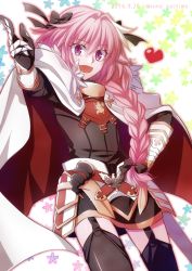 Rule 34 | 10s, 1boy, 2016, :d, astolfo (fate), black thighhighs, bow, braid, cape, dated, fate/apocrypha, fate (series), garter straps, gauntlets, hair bow, heart, male focus, nina (pastime), open mouth, pink hair, purple eyes, single braid, skirt, smile, solo, thighhighs, trap