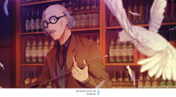 Rule 34 | bald, bird, black-framed eyewear, brown jacket, character name, collared shirt, facial hair, falling feathers, feathers, glasses, grey hair, grey sweater, holding, indoors, jacket, kounosuke jii, long sleeves, looking at viewer, magic kaito, male focus, monicanc, mustache, necktie, open clothes, open jacket, purple shirt, red necktie, round eyewear, shirt, solo, sweater, white feathers, wing collar