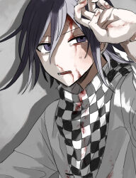 Rule 34 | 1boy, blood, blood on face, blush, checkered clothes, checkered scarf, danganronpa (series), danganronpa v3: killing harmony, grey background, grey jacket, hair between eyes, hand up, highres, jacket, kasou (roomno404 ), long sleeves, male focus, nosebleed, oma kokichi, open mouth, pink eyes, scarf, solo, teeth, upper teeth only