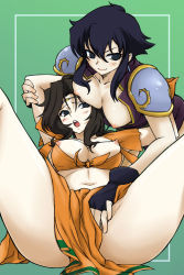 Rule 34 | 2girls, arm grab, black eyes, black hair, blush, breasts, brown hair, diadem, earrings, fingering, fingerless gloves, fire emblem, fire emblem: genealogy of the holy war, gloves, groping, hand under clothes, jewelry, larcei (fire emblem), large breasts, laylea (fire emblem), michael f91, midriff, multiple girls, navel, nintendo, nipples, no bra, open clothes, open mouth, smile, spread legs, yuri