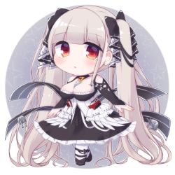 Rule 34 | 1girl, azur lane, black bow, black dress, black footwear, bow, breasts, chibi, cleavage, commentary request, dress, formidable (azur lane), frilled dress, frills, full body, grey background, grey hair, hair bow, large breasts, long hair, looking at viewer, pantyhose, parted lips, red eyes, rensei, shoes, solo, star (symbol), starry background, twintails, two-tone background, very long hair, white background, white pantyhose