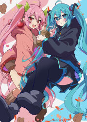 Rule 34 | 2girls, :d, ahoge, black footwear, black skirt, black thighhighs, blue background, blue eyes, blue hair, blush, brown shorts, brown socks, cherry hair ornament, closed mouth, crossed bangs, cup, disposable cup, dot nose, drinking straw, dual persona, falling leaves, floating, food-themed hair ornament, full body, hair between eyes, hair ornament, hair tie, hand up, hatsune miku, highres, holding, holding cup, hood, hood down, hooded jacket, jacket, leaf, long hair, looking at viewer, miniskirt, multicolored background, multiple girls, open clothes, open jacket, open mouth, oyu yu (pixiv 94462206), pink background, pink eyes, pink hair, pink jacket, pleated skirt, sakura miku, shoes, shorts, sidelocks, skirt, smile, socks, thighhighs, twintails, twitter username, v, very long hair, vocaloid, white background