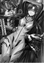 Rule 34 | 00s, 1girl, bodysuit, breasts, covered erect nipples, eva 02, eva 05, evangelion: 2.0 you can (not) advance, glasses, greyscale, hairband, highres, latex, long hair, makinami mari illustrious, medium breasts, monochrome, neon genesis evangelion, plugsuit, rebuild of evangelion, scan, skin tight, smile, source request, twintails