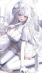 Rule 34 | 1girl, absurdres, blunt bangs, breasts, cleavage, commentary, facing viewer, feet out of frame, gloves, grey hair, half gloves, hand fan, hand up, highres, holding, holding fan, horns, large breasts, long hair, looking ahead, open mouth, original, shiro wa (shiroshironix), short sleeves, sitting, solo, thighhighs, tongue, tongue out, very long hair, wariza, white gloves, white hair, white horns, white theme, white thighhighs, zettai ryouiki