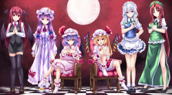 Rule 34 | 6+girls, :o, ankle cuffs, apron, asu hare, asymmetrical footwear, bad id, bad pixiv id, bat wings, beret, blonde hair, blue eyes, blush, book, bow, bowtie, braid, chair, checkered floor, china dress, chinese clothes, clenched hand, crescent, demon girl, dress, embodiment of scarlet devil, female focus, flandre scarlet, floor, frilled dress, frilled skirt, frills, full moon, hair bow, hair ribbon, hat, hat ornament, hat ribbon, head wings, highres, hong meiling, izayoi sakuya, knife, koakuma, crossed legs, long hair, maid, maid apron, maid headdress, mismatched footwear, moon, multiple girls, necktie, no shoes, own hands together, patchouli knowledge, purple eyes, purple hair, red eyes, red hair, remilia scarlet, ribbon, robe, short hair, siblings, side braid, side slit, silver hair, sisters, sitting, skirt, smile, socks, star (symbol), thighhighs, touhou, twin braids, vest, waist apron, wings, wrist cuffs, zettai ryouiki