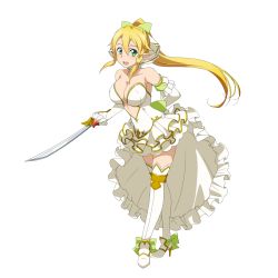 Rule 34 | 10s, 1girl, arms behind back, artist request, blonde hair, boots, breasts, center opening, cleavage, elbow gloves, frilled skirt, frills, full body, gloves, green eyes, high heels, high ponytail, highres, holding, holding weapon, large breasts, leafa, long hair, open mouth, simple background, skirt, solo, sword, sword art online, sword art online: code register, thigh boots, thighhighs, weapon, white background, white footwear, white thighhighs