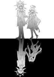 Rule 34 | 1boy, 2girls, :d, blush, closed eyes, closed mouth, dress, greyscale, hair between eyes, halo, hand on own chest, head wings, high heels, highres, holding hands, honkai: star rail, honkai (series), inagoinaire, jacket, long hair, looking at another, monochrome, multiple girls, multiple views, open mouth, pants, robin (honkai: star rail), running, sandals, shirt, short hair, sidelocks, sleeveless, sleeveless dress, smile, sparkle (honkai: star rail), split theme, sunday (honkai: star rail), twintails, upside-down, very long hair, walking, wings
