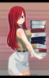Rule 34 | 1girl, artist name, bare arms, belt, blush, book, breast press, breasts, brown eyes, carrying, erza scarlet, facing viewer, fairy tail, from side, gaston18, hair over one eye, highres, holding, large breasts, long hair, looking at viewer, one eye covered, parted lips, pile of books, red hair, shirt, skirt, sleeveless, sleeveless shirt, solo, standing, sweater, sweater vest, teeth, turtleneck, turtleneck sweater