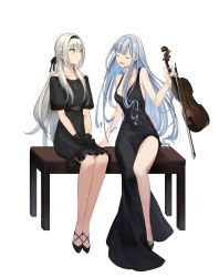 Rule 34 | 2girls, ak-12 (girls&#039; frontline), an-94 (girls&#039; frontline), bench, black dress, black footwear, black gloves, black ribbon, blue hair, bow (music), braid, breasts, closed eyes, dress, girls&#039; frontline, gloves, green eyes, hair ribbon, highres, holding, holding instrument, holding violin, instrument, jewelry, long hair, looking at another, mt (ringofive), multiple girls, necklace, own hands together, ribbon, short sleeves, sidelocks, silver hair, simple background, sitting, small breasts, very long hair, violin, white background