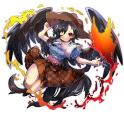 Rule 34 | 1girl, ;), ayahi 4, bandana, black hair, black wings, boots, breasts, brown footwear, brown skirt, checkered clothes, checkered shirt, commentary, cowboy hat, eyelashes, feathered wings, feathers, fingernails, frilled sleeves, frills, hat, highres, knees, kurokoma saki, large breasts, looking at viewer, lower teeth only, multicolored clothes, one eye closed, open mouth, outstretched arm, parted lips, pegasus wings, plaid, plaid skirt, puffy short sleeves, puffy sleeves, scarf, sharp fingernails, shirt, short sleeves, simple background, skirt, smile, solo, teeth, thighs, tongue, touhou, white background, white bandana, white scarf, wings, yellow eyes